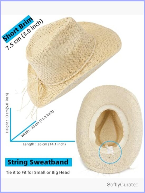Straw Cowboy Hat for Women Short Brim Western Cowgirl Beach Sun Hat